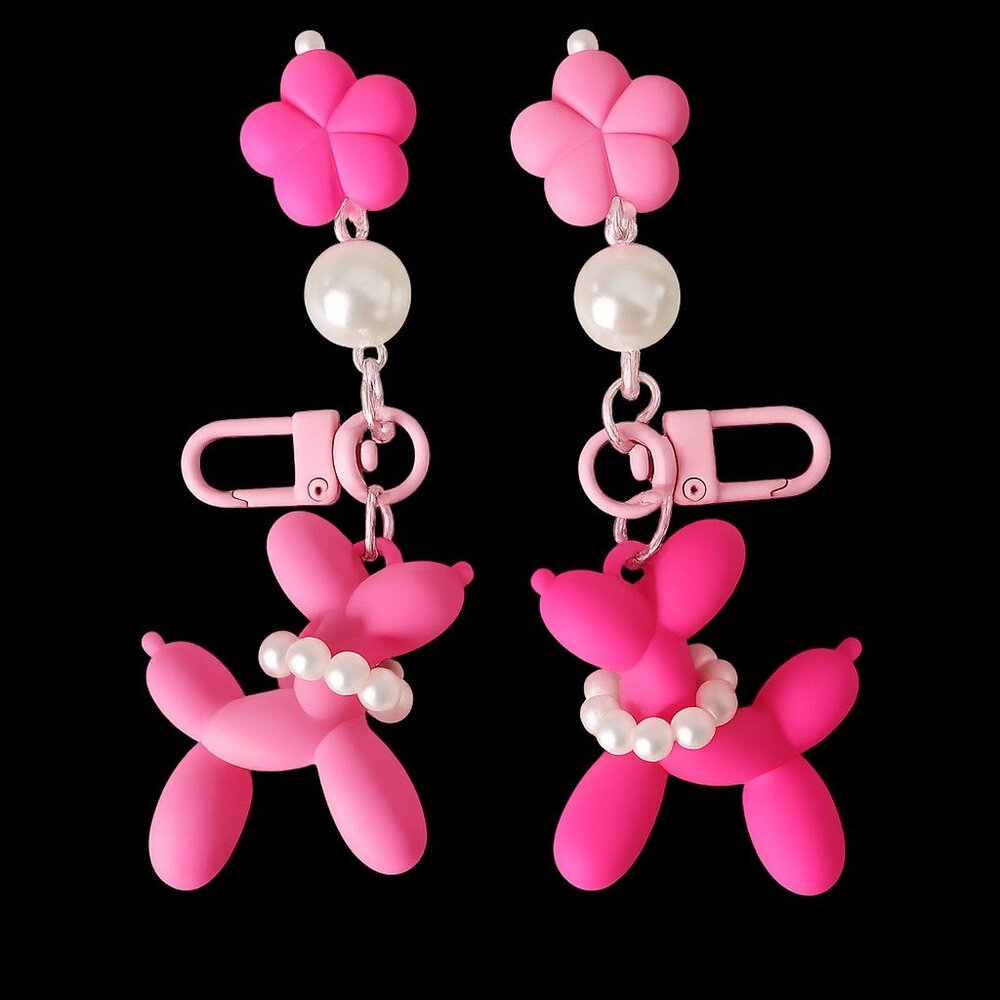 💕Set of 2 Cute Balloon Dog with Pearls & Flower Charm Keychains Pink & Fuchsia - Picture 5 of 5